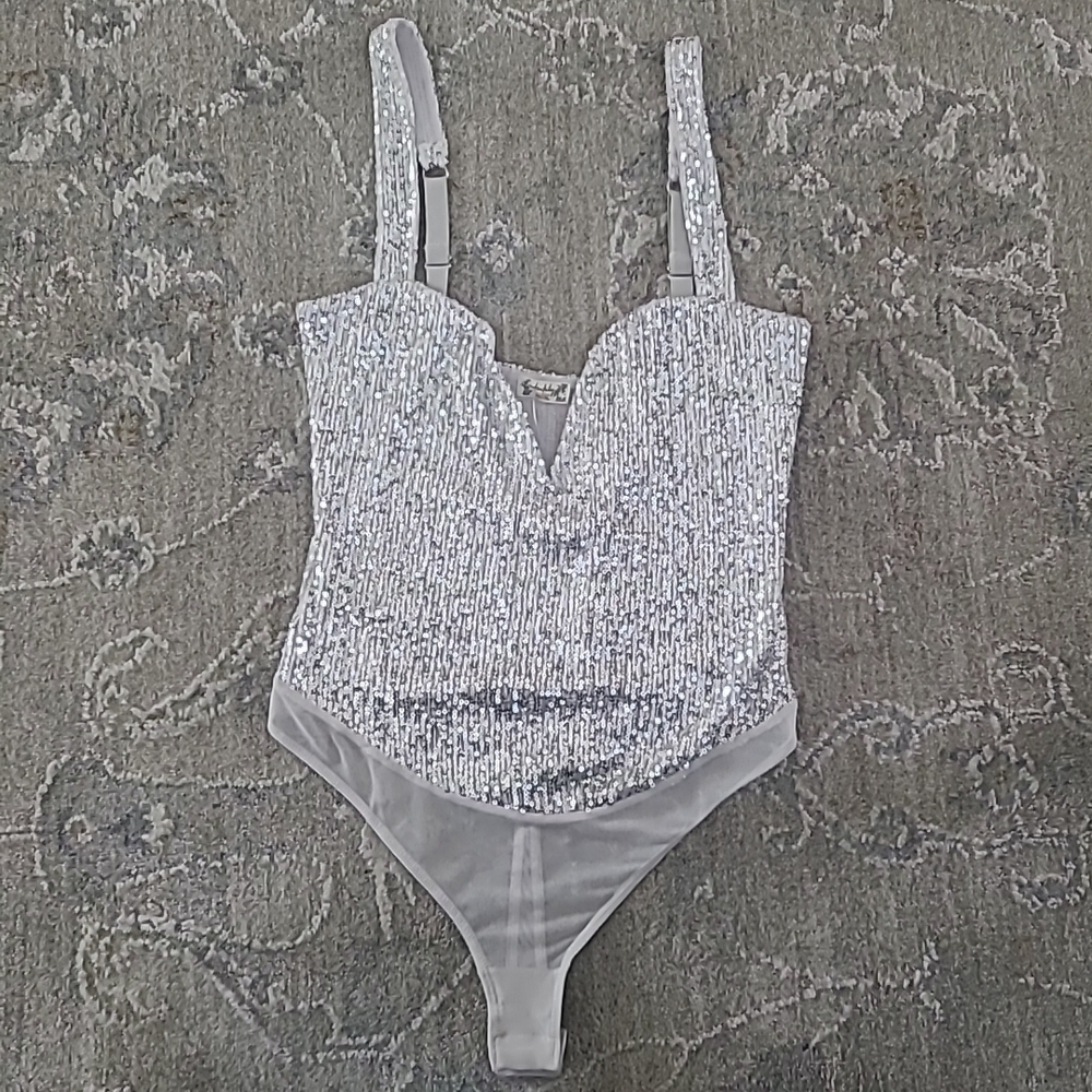 Free People Silver Sequin Bodysuit